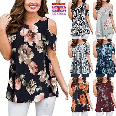 Buy Womens Cold Shoulder Floral Tunic Tops Ladies Summer Casual T-Shirt Blouse Size • 9.99£