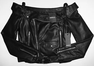 Buy Forever 21 Black Faux Leather Cold Shoulder Moto Biker Jacket Junior's Size S • 26.45£