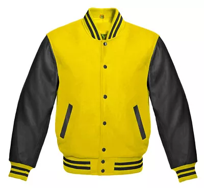 Buy Men's Varsity Letterman Baseball Yellow Wool & Pure Black Leather Sleeves Jacket • 92.82£