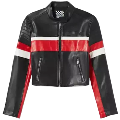 Buy Women's Black And Red Casual Tailored Color Blocked Biker Leather Jacket • 28.41£
