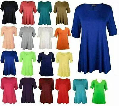 Buy Women Plain Stretchy Flared Swing T Shirt Ladies 3/4 Button Sleeve Plus Size Top • 10.99£