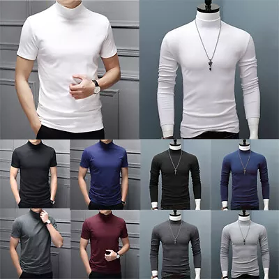 Buy Mens High Neck Basic Tees T-Shirt Short/Long Sleeve Plain Pullover Slim Tops UK • 12.26£
