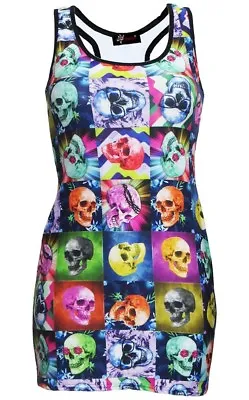 Buy Multi Psychedelic Checker Square Skulls Floral Print Long Vest Top Alternative • 21.99£