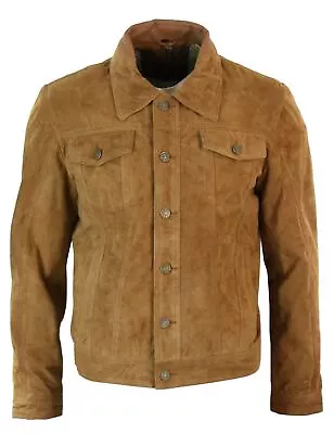 Buy Mens Vintage Short Denim Style Retro Real Suede Leather Jean Jacket Casual • 126.49£