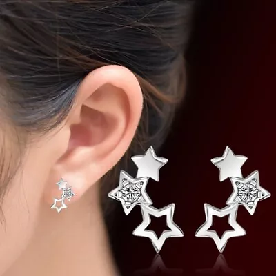 Buy 925 Sterling Silver Triple Star Linked Stud Earrings Womens Girls Jewellery • 2.19£