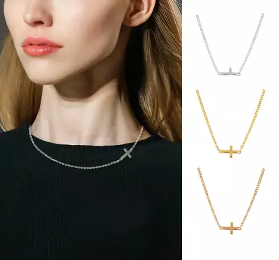 Buy Cross Sideway Necklace 18ct Gold Plated Chain Choker Womens Pendant Jewellery UK • 3.99£