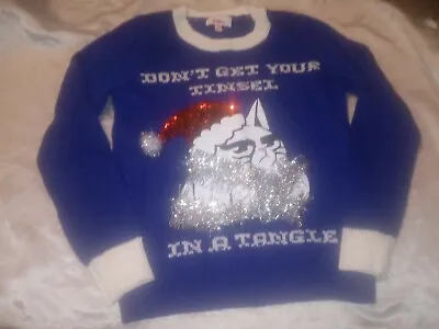 Buy Rare Bongo Grumpy Cat Ugly Holiday Christmas Sweater Size S/c Blue Tinsel Sequin • 38.42£