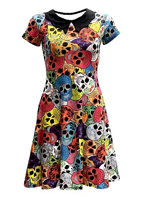 Buy Ladies Gothic Multi Sugar Candy Skulls Web Print Rockabilly Collar Swing Dress • 29.99£