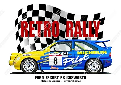 Buy FORD ESCORT RS COSWORTH RALLY  T-shirt.  CLASSIC CAR. CHEQUERED FLAG. RETRO.  • 15£