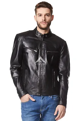 Buy Men's Leather Jacket Black Biker Motorcycle Style 100% REAL LAMBSKIN SR-02 • 95.79£