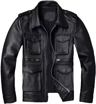 Buy Men's Leather Jacket M65-Field Black Genuine Leather Biker Jacket Coat • 106£