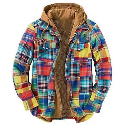 Buy Men's Colorful Patchwork Plaid Drawstring Hoodie With Zipper Insulation Jacket • 30.88£