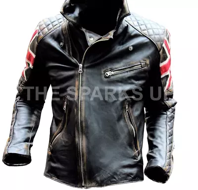 Buy UK Flag Nation Cafe Racer Distressed Black Patriot Mens Biker Leather Jacket • 109.99£