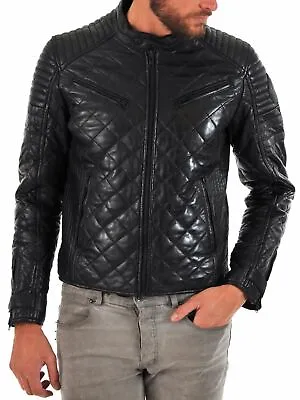 Buy Men's Black Genuine Quilted Leather Jacket Slim Fit Stylish 371 • 117.85£
