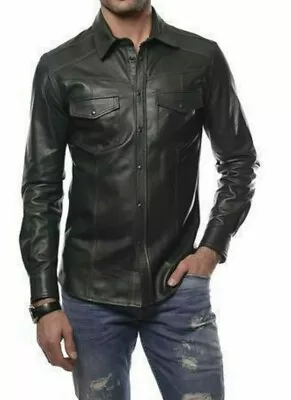 Buy Men's Leather Shirt Sheepskin Black Leather Full Sleeve Shirt Biker Rider Jacket • 21.22£