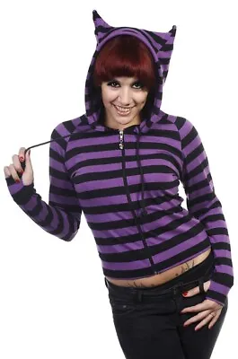 Buy Womens Black Purple Striped Emo Rockabilly Punk Cat Ears Hoodie BANNED Apparel • 30.99£