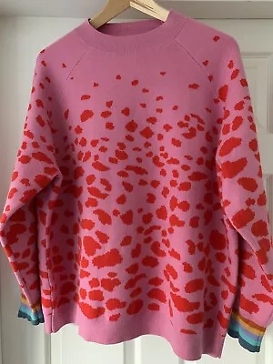 Buy NEXT Pink Jumper With Red Animal Print And Rainbow Cuffs Christmas Ugly Size L • 22£