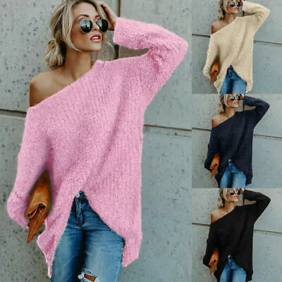 Buy Women Fluffy Off Shoulder Sweater Long Sleeve Pullover Jumper Casual Baggy Top • 14.39£