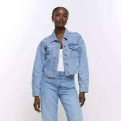 Buy River Island Womens Denim Jacket Blue Embellished Cropped Outerwear Top • 26£