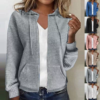 Buy Women Waffle Hooded Coat Tops Full Zipper Blouse Shirt Hoodie Sweatshirt Size 14 • 17.09£