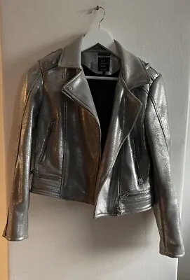 Buy Zara SILVER Biker Jacket Sz M Faux Leather TRF Edgy Metallic Festival • 34£