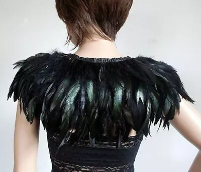 Buy Black Green Feather Hand Made Collar Cape Shawl Wrap Fringe For Halloween Party • 6.99£