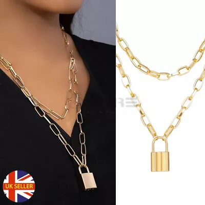 Buy Men Women Gothic Punk Padlock Pendant Double Layered Gold Tone Necklace Jewelry • 4.99£