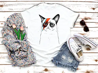 Buy Grumpy Cat Musician Artist, Cats David Bowie 3/4 Short Sleeve Woman T Shirt A780 • 9.92£