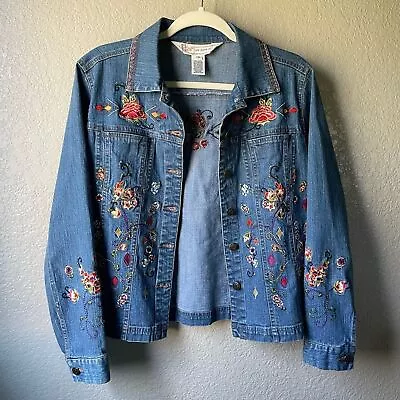 Buy Vintage Floral Embroidered Jean Jacket Women’s Medium Blue Denim Red 90's Y2K • 26.99£