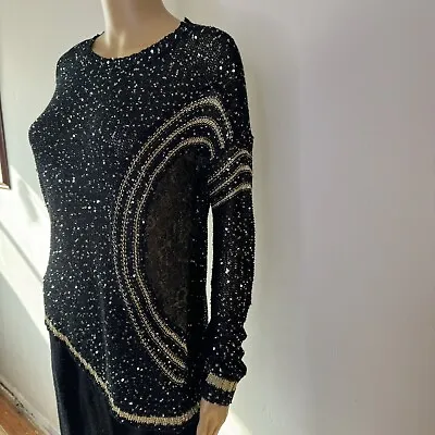 Buy ADORE  Black Knit Sequin Gold Lace Asymmetrical Sweater Fairy Whimsygoth Y2K S • 26.06£
