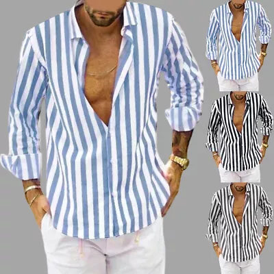 Buy Mens Stripe Casual Shirts Button Down Collar Loose Long Sleeve Work Tops T-Shirt • 10.89£