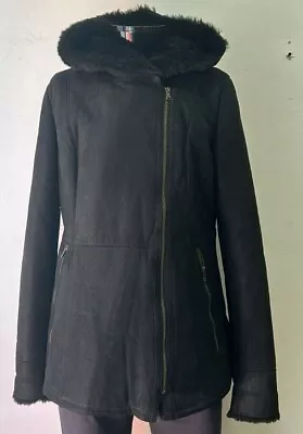 Buy SIGNATURE Ladies Sheepskin Jacket Black Real Marino Shearling Hooded Long Jacket • 150£