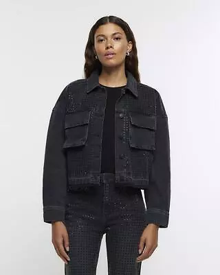 Buy River Island Womens Black Denim Jacket Size L • 36.75£