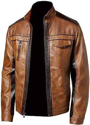 Buy Men Leather Jacket Slim Fit Biker Motorcycle Genuine Lambskin Jacket Brown • 107.27£