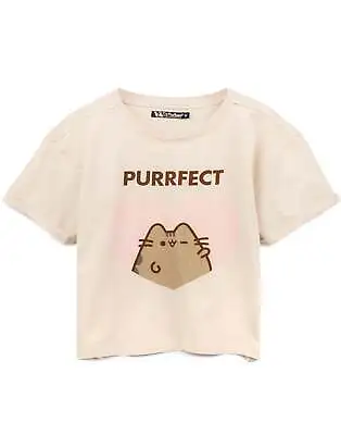 Buy Pusheen Cropped T-Shirt For Women | Ladies Animal Tabby Cat Purrfect Cream Top • 15.99£