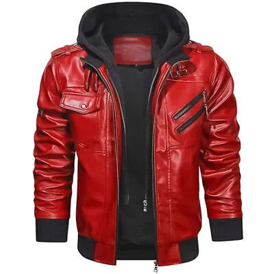 Buy Mens Vintage Motorcycle Biker Hooded Slim Fit Real Leather Casual Outwear Jacket • 24£