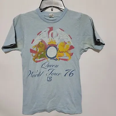 Buy Queen World Tour Shirt 1976 Vintage Women's Light Blue Size Small Short Sleeve • 189.04£