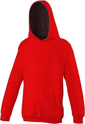 Buy Kids Red And Black Contrast Hoodie Awdis Branded Pullover Top • 9.99£