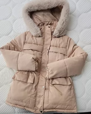 Buy Girls Beige Coat Fur Hood Worn Once Size 8 Cameo Rose • 7£