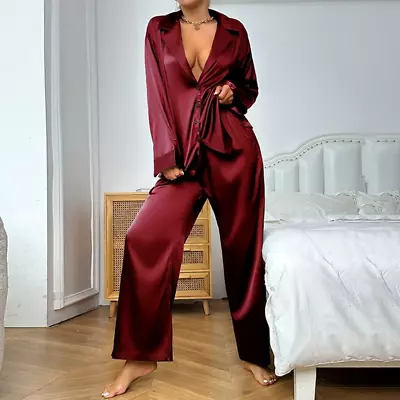 Buy Womens 2 Piece Silk Satin Pajamas Long Sleeve Deep V-Neck Lounge Sets Button Dow • 18.99£
