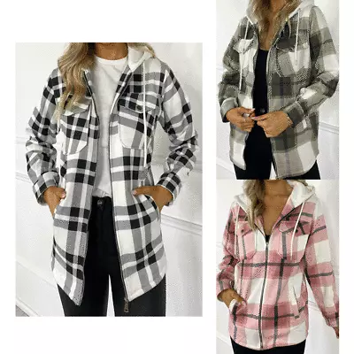 Buy Ladies Womens Baggy Long Sleeve Checked Shacket Top Shirt Blouse Jacket   • 21.49£