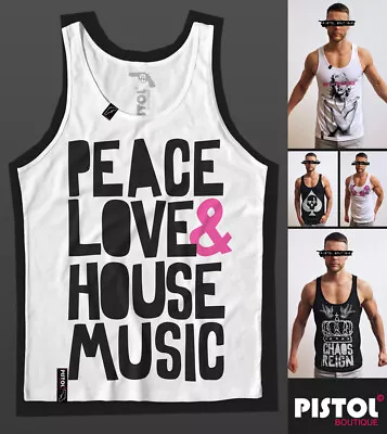Buy Pistol Boutique Men's White PEACE LOVE & HOUSE MUSIC Vest Top Singlet Tank • 22.49£