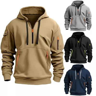 Buy Men Sweatshirt Hooded Jacket Retro Casual Coat Work Half Zip Up Jumper Hoodie • 13.29£