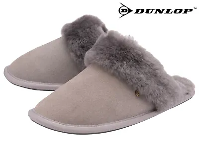 Buy Dunlop Ladies Luxury Slippers Grey Genuine Leather Suede Mules Soft Warm Lining • 29.99£