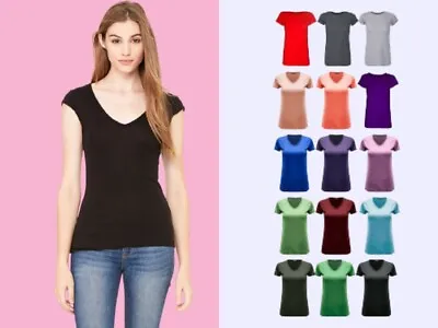 Buy Womens Ladies Casual Cap Sleeve Plain V Neck Basic Stretchy Jersey T Shirt • 3.67£