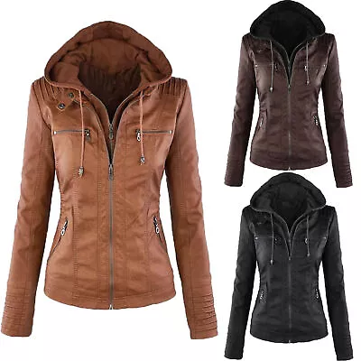 Buy Womens PU Leather Biker Motorcycle Jacket Zip Up Hooded Coat Slim Fit Outwear ☆ • 19.56£
