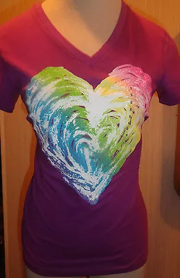 Buy Ladies LnL Tie Dye Heart Purple Short Sleeve V-Neck T-Shirt Juniors Size S, M, L • 11.36£