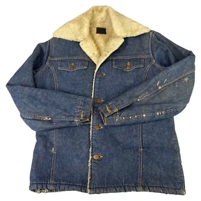 Buy Vtg 70s Usa Sears Indigo Roebucks Sherpa Lined Denim Western Barn Jacket 38” S • 45£