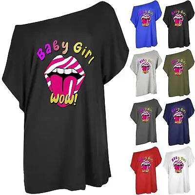 Buy Women Ladies Baby Girl Wow Printed Oversized Batwing One Shoulder Summer T Shirt • 7.49£