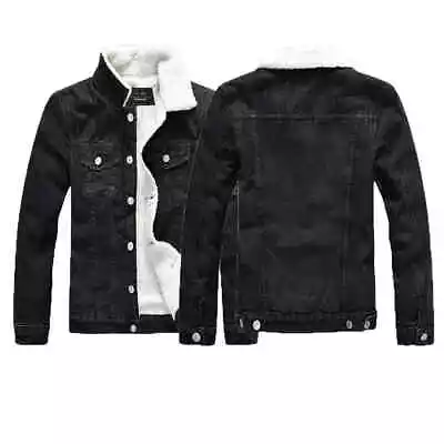 Buy Mens Denim Jackets Warm Faux Fur Fleece Western Bike Jeans Trucker Coat Slim Fit • 25£
